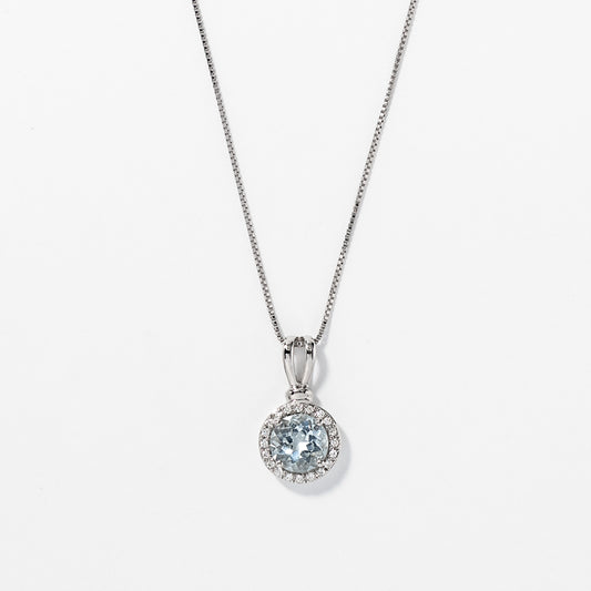 Round Aquamarine and Halo Diamond Pendant Necklace in 10K White Gold