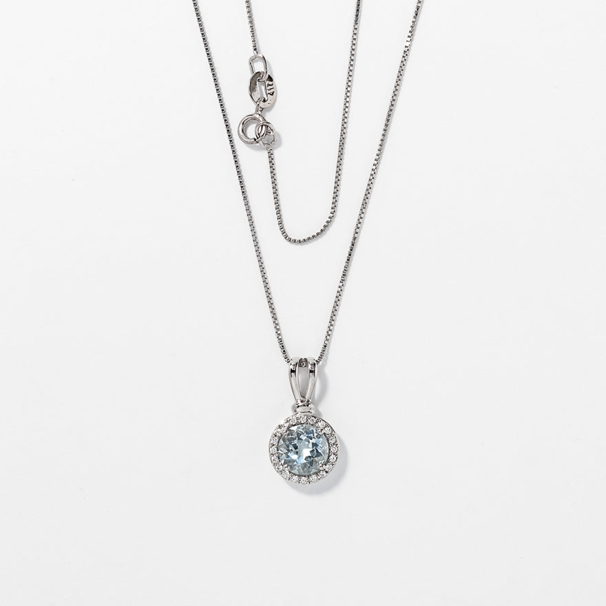 Round Aquamarine and Halo Diamond Pendant Necklace in 10K White Gold