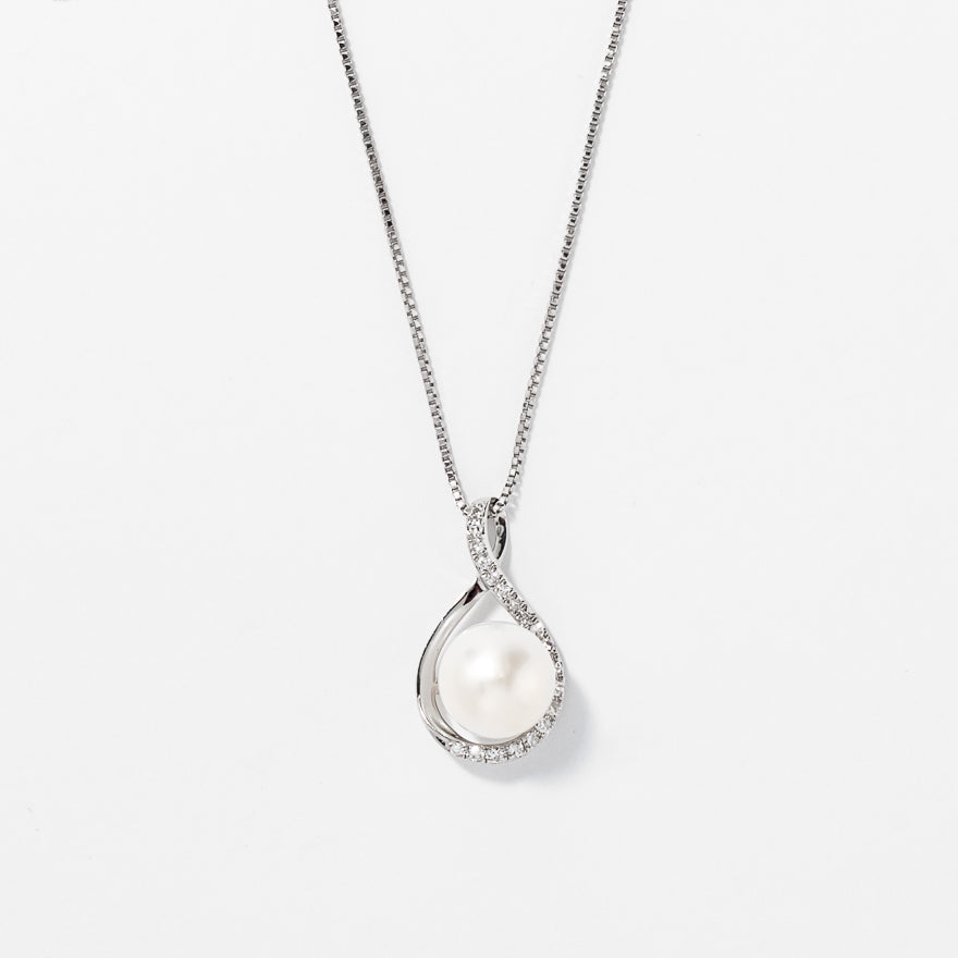 Cultured Pearl Eternity Style Diamond Pendant Necklace in 10K White Go