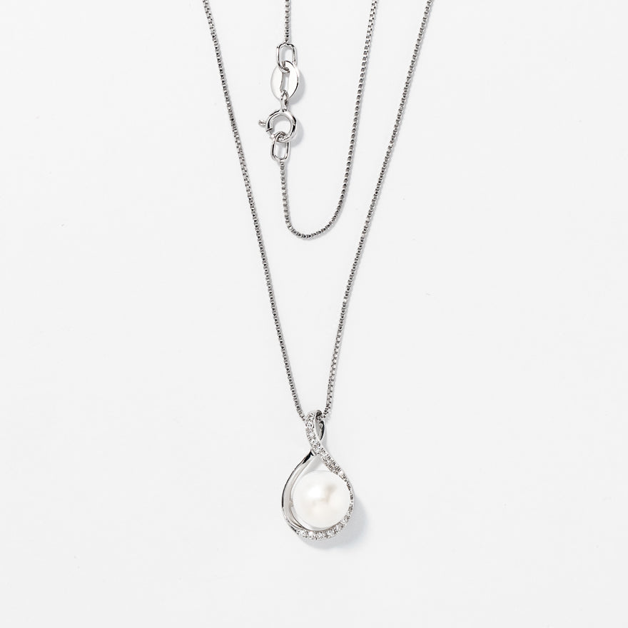 Cultured Pearl Eternity Style Diamond Pendant Necklace in 10K White Go