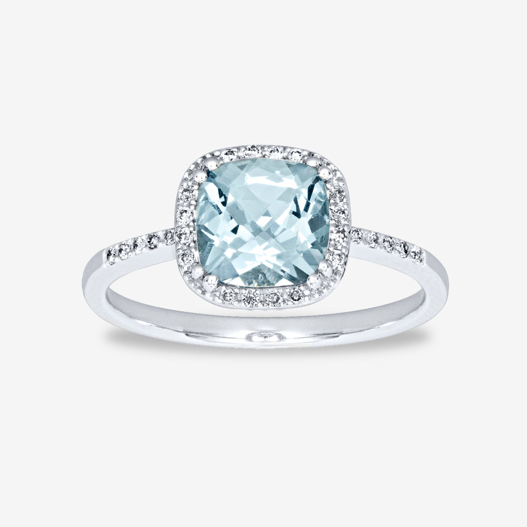 Cushion Cut Aquamarine Diamond Ring in 14K White Gold