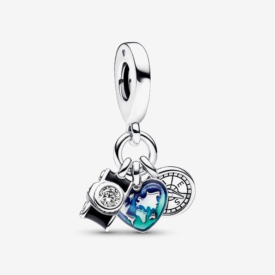Pandora Camera, Heart & Compass Triple Dangle Charm | 792703C01