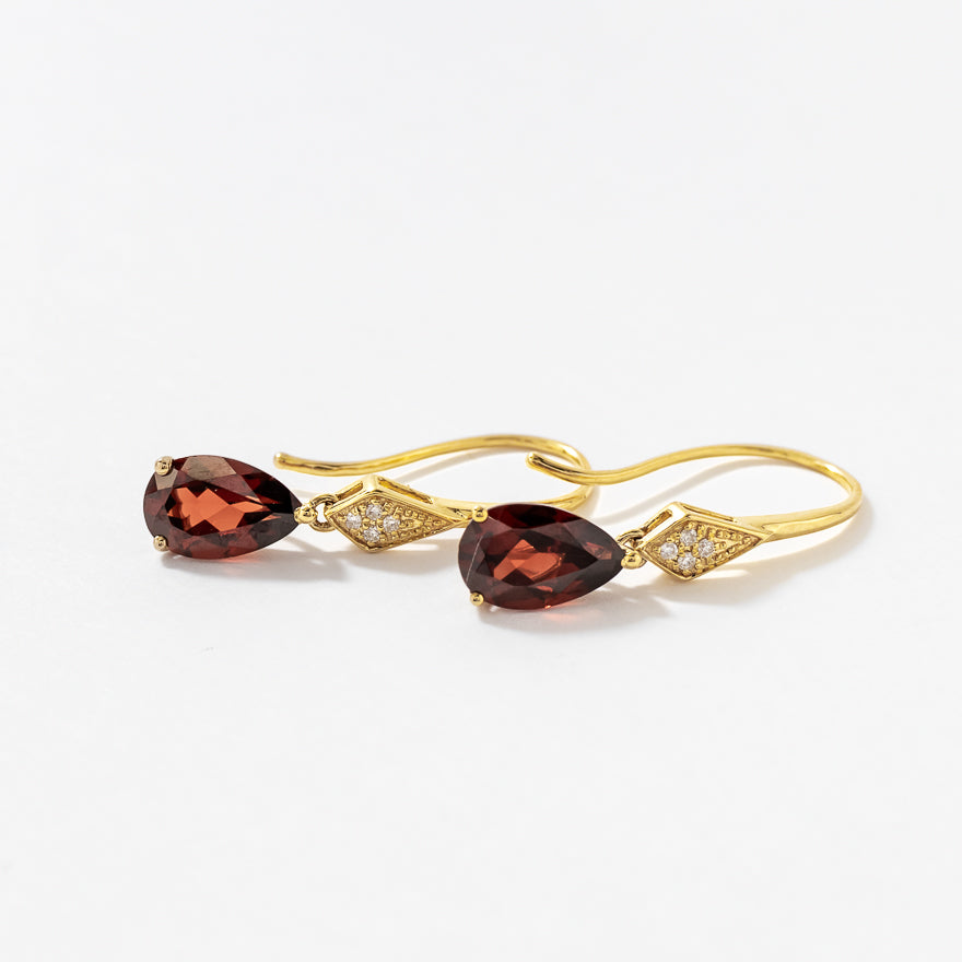 Garnet Hook Earrings with Diamond Accents in 10K Yellow Gold