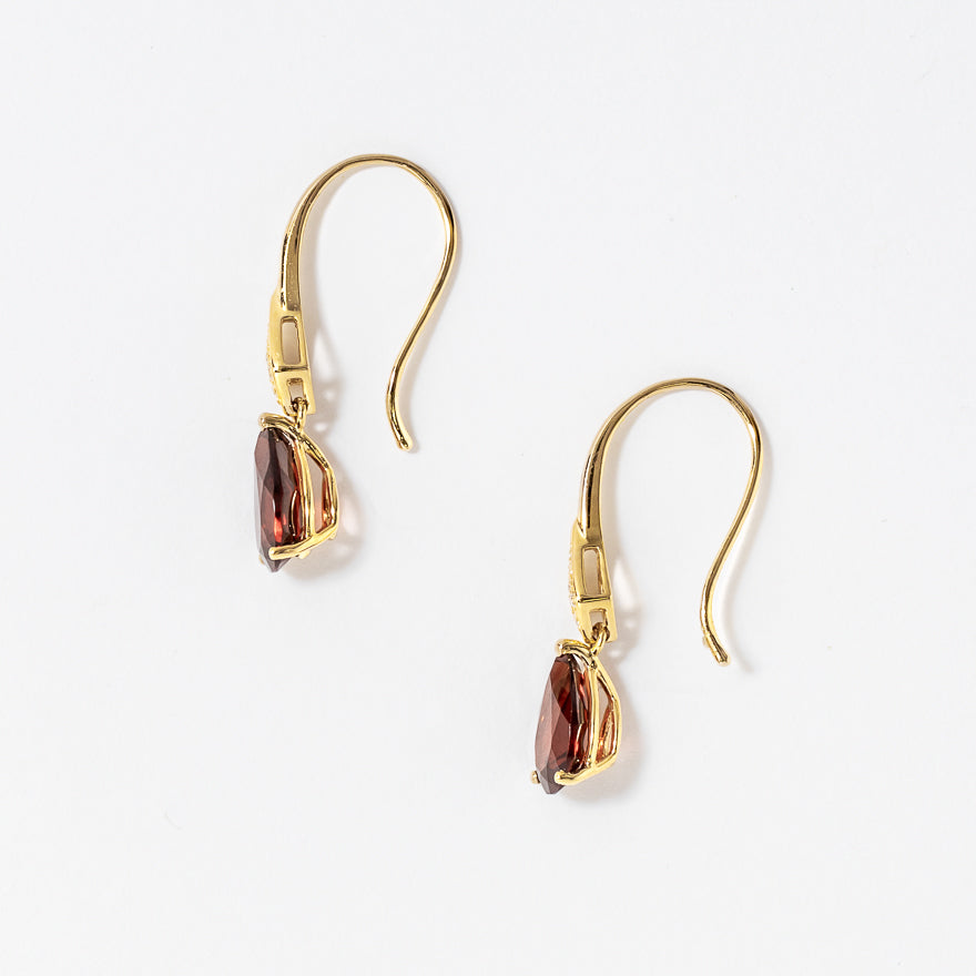 Garnet Hook Earrings with Diamond Accents in 10K Yellow Gold