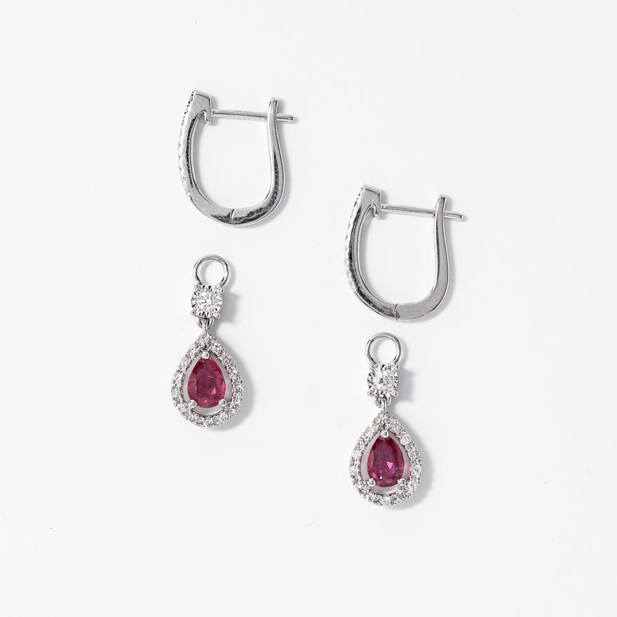 Ruby Earrings With Removable Pear Drop in 10K White Gold