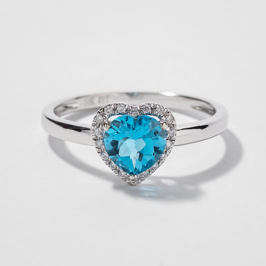 Heart Shape Blue Topaz Ring With Diamond Accents in 10K White Gold