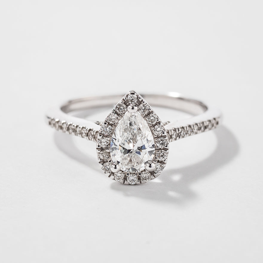 Pear Shape Diamond Halo Engagement Ring in 14K White Gold