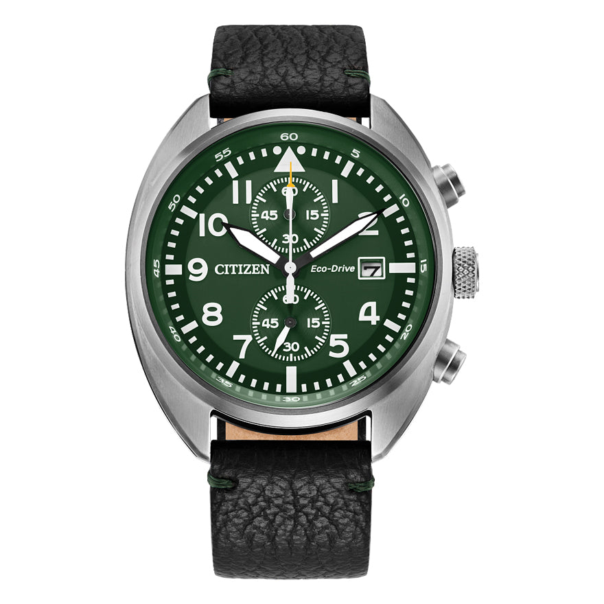 Citizen Eco-Drive Sport Casual Green Dial Leather Strap Watch | CA7041-07X