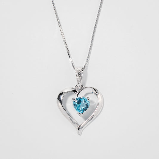 Heart Shaped Blue Topaz Diamond Necklace in 10K White Gold