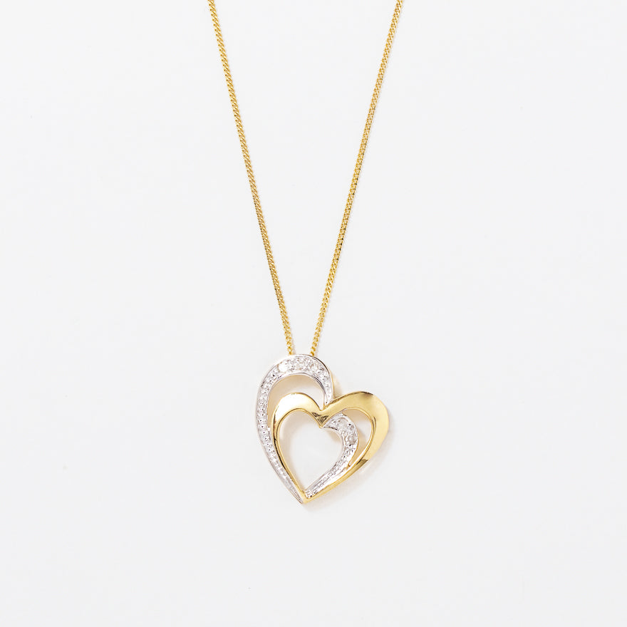 Double Heart Diamond Pavé Necklace in 10K Yellow Gold (0.03ct tw)