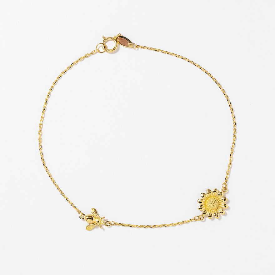 Sunflower and Bee Charm Bracelet in 10K Yellow Gold