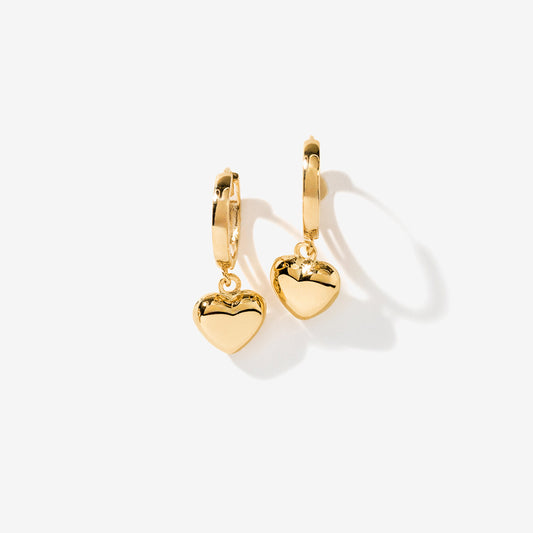 Dangle Heart Hoop Earrings in 10K Yellow Gold