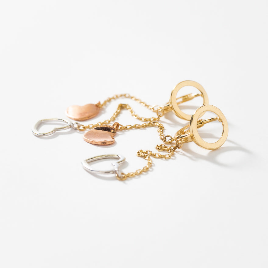 Heart Drop Earrings in 10K Yellow White and Rose Gold