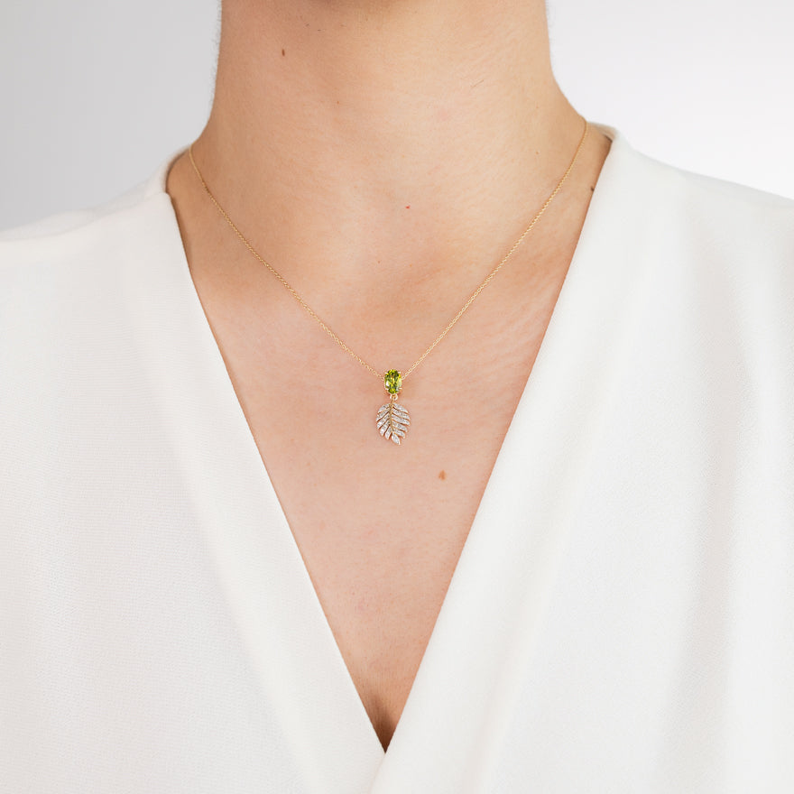 Peridot Necklace with Diamond Leaf in 10K Yellow Gold