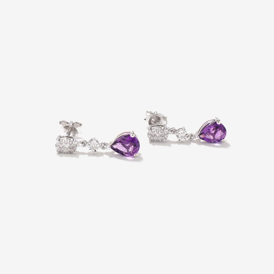 Amethyst Dangle Earrings with Diamond Accents in 10K White Gold