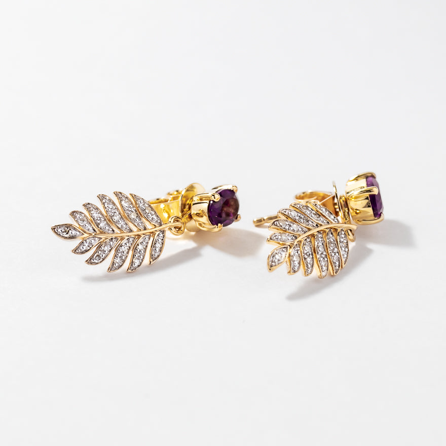 Amethyst Earrings Diamond Leaf in 10K Yellow Gold