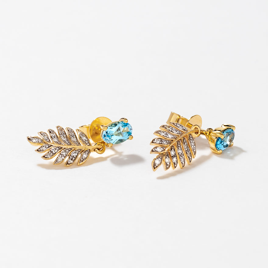 Blue Topaz Earrings with Diamond Leaf in 10K Yellow Gold