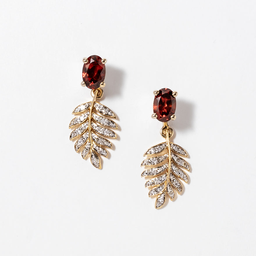 Garnet Earrings with Diamond Leaf in 10K Yellow Gold