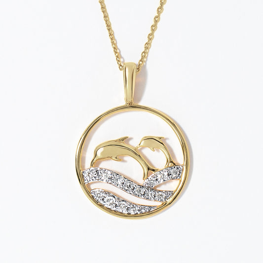 Diamond Dolphin Necklace in 10K Yellow Gold (0.10 ct tw)