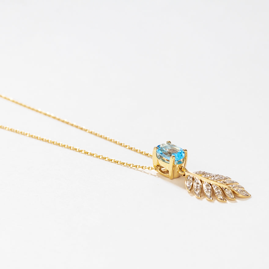 Blue Topaz Necklace with Diamond Leaf in 10K Yellow Gold