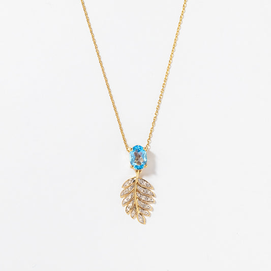 Blue Topaz Necklace with Diamond Leaf in 10K Yellow Gold