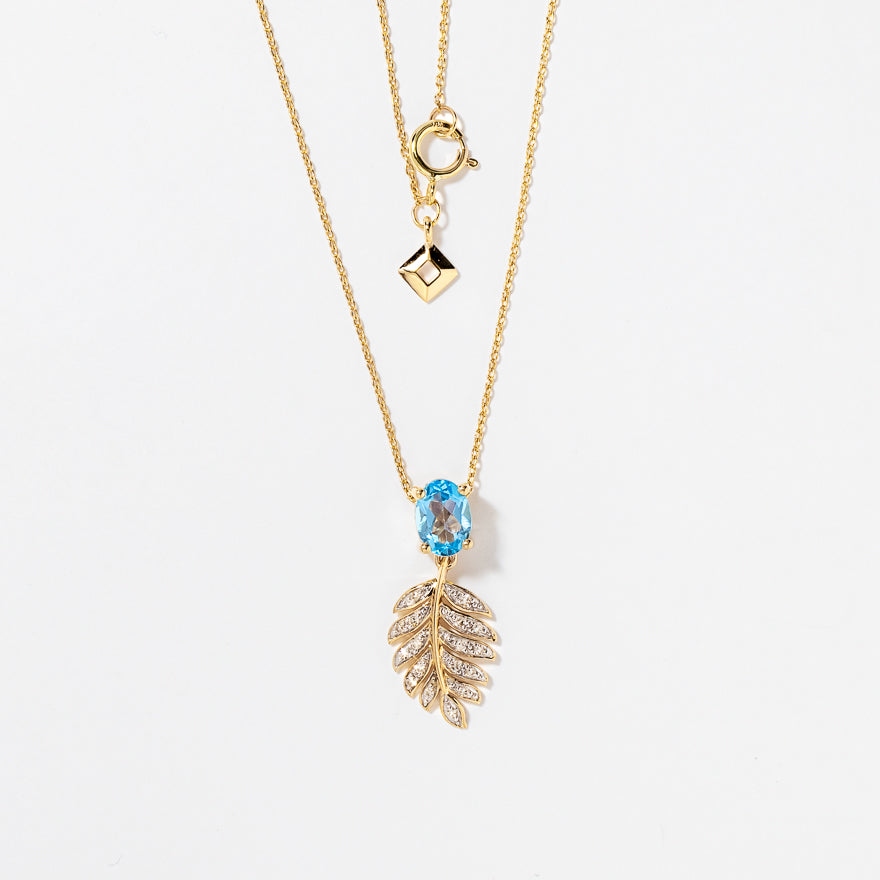 Blue Topaz Necklace with Diamond Leaf in 10K Yellow Gold