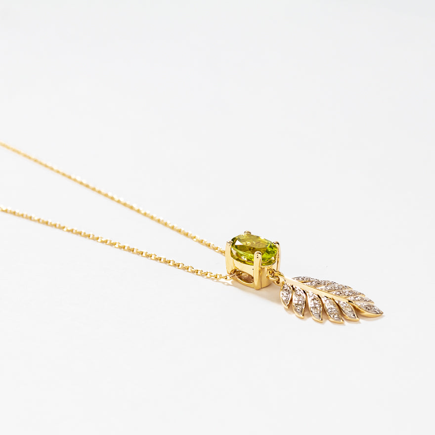 Peridot Necklace with Diamond Leaf in 10K Yellow Gold