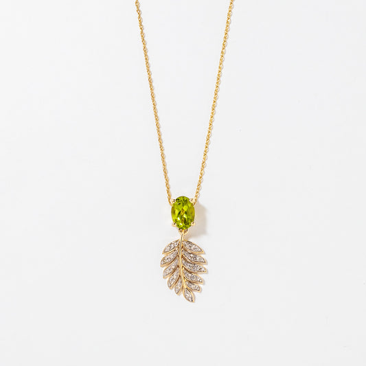 Peridot Necklace with Diamond Leaf in 10K Yellow Gold