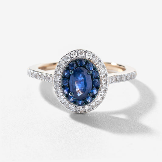 Double Halo Sapphire and Diamond Ring in 10K Yellow Gold