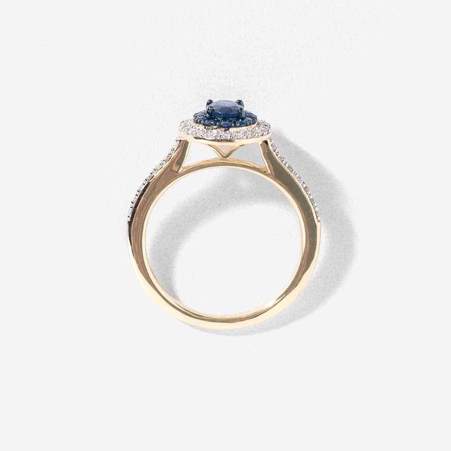 Double Halo Sapphire and Diamond Ring in 10K Yellow Gold