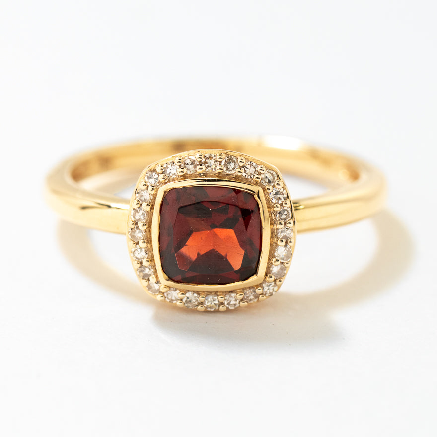 Cushion Cut Garnet Ring with Diamond Accents 10K Yellow Gold