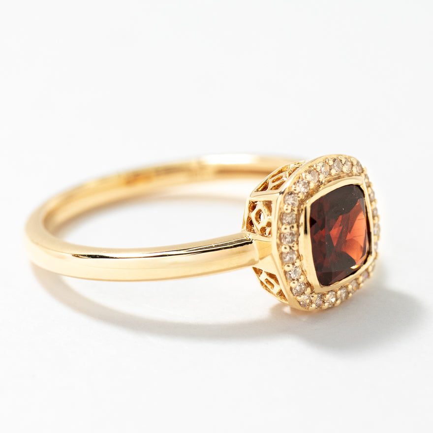 Cushion Cut Garnet Ring with Diamond Accents 10K Yellow Gold