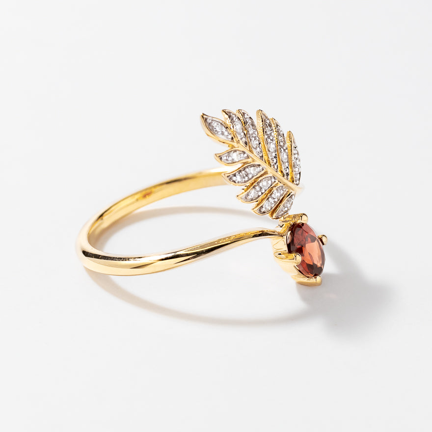 Garnet Ring with Diamond Leaf 10K Yellow Gold