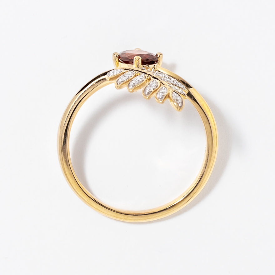 Garnet Ring with Diamond Leaf 10K Yellow Gold