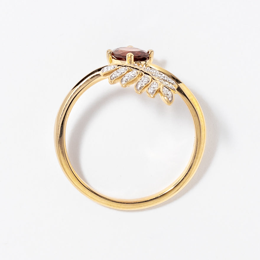 Garnet Ring with Diamond Leaf in 10K Yellow Gold