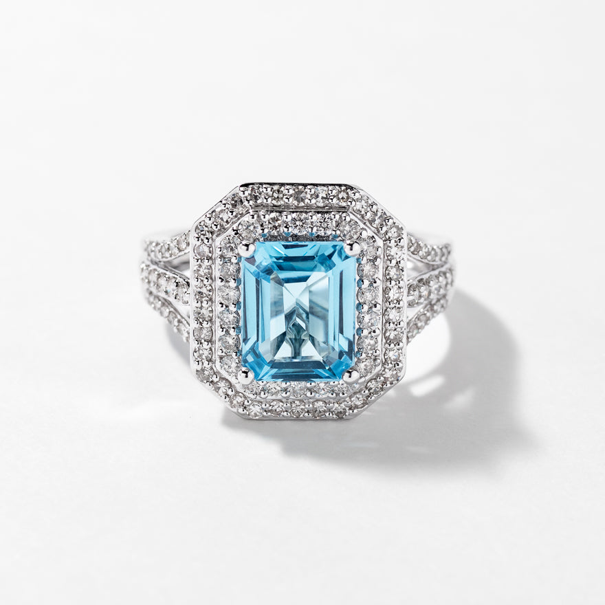 Blue Topaz Ring with Diamond Accents 10K White Gold