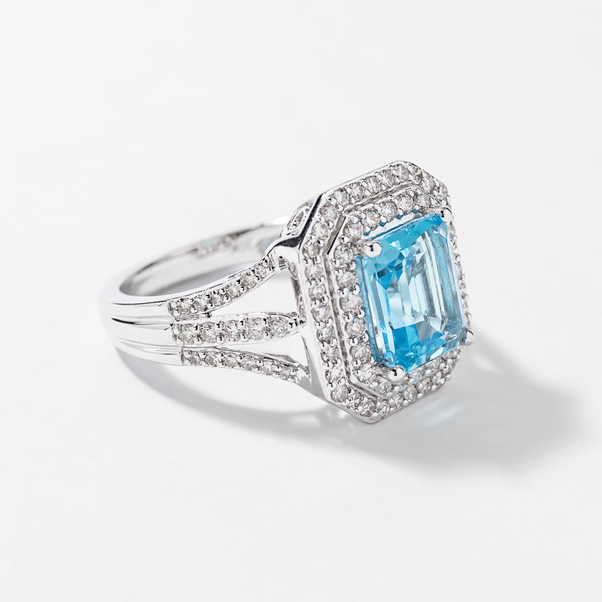 Blue Topaz Ring with Diamond Accents 10K White Gold