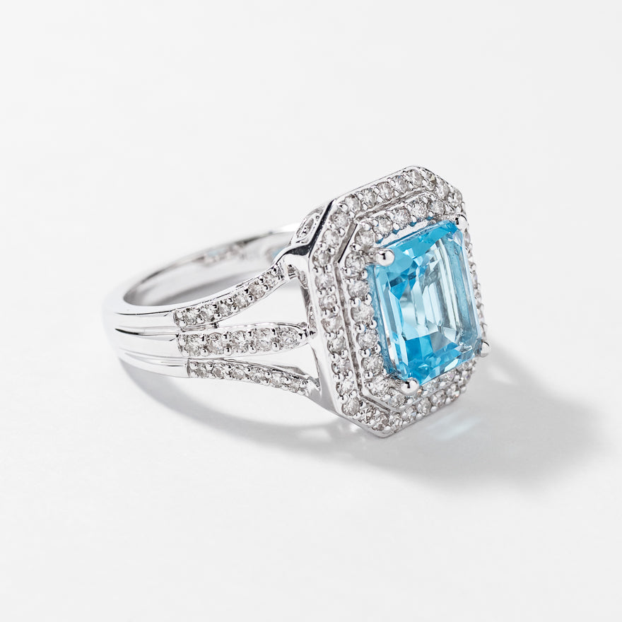 Blue Topaz Ring with Diamond Accents in 10K White Gold