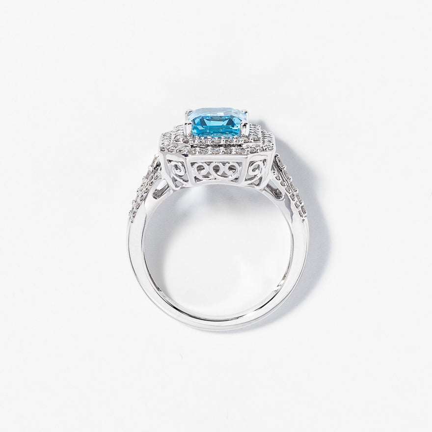 Blue Topaz Ring with Diamond Accents 10K White Gold