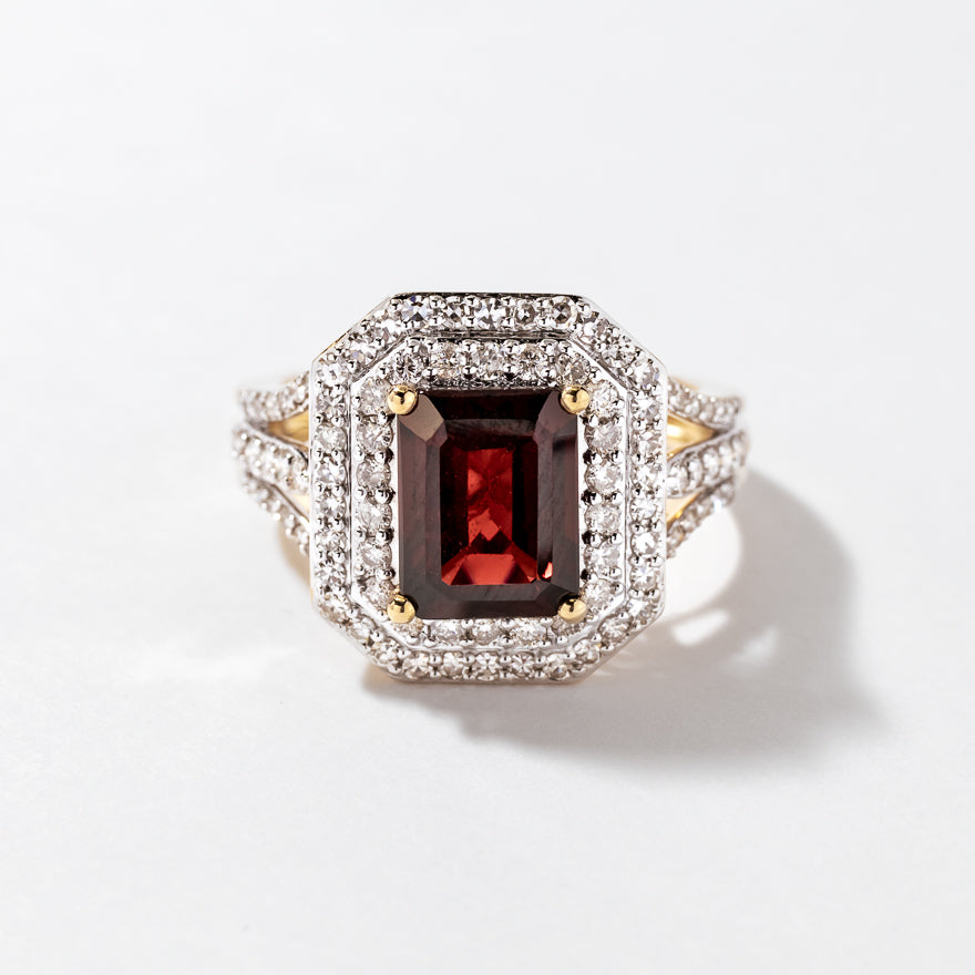 Garnet Ring with Diamond Accents in 10K Yellow Gold