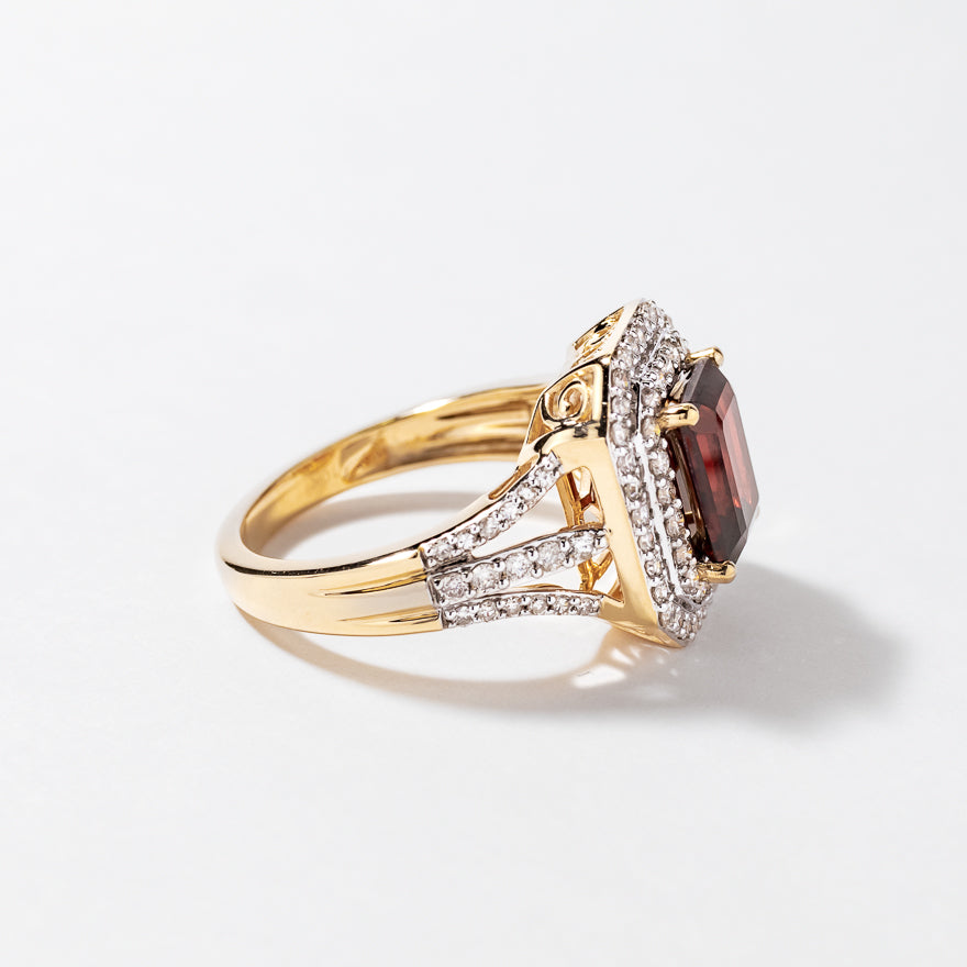 Garnet Ring with Diamond Accents 10K Yellow Gold