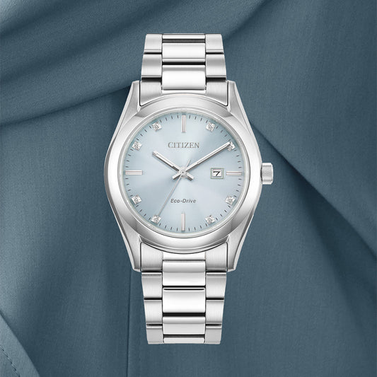 Citizen Ladies Eco Drive Stainless Steel Diamond and Blue Dial Watch | EW2700-54L