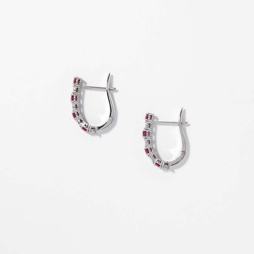 Ruby and Diamond Hoop Earrings in 10K White Gold