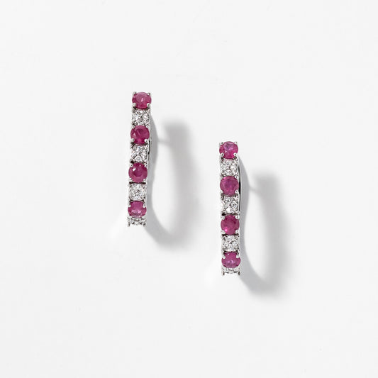 Ruby and Diamond Hoop Earrings in 10K White Gold