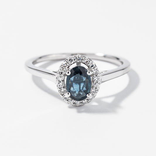 Oval Sapphire and Diamond Halo Ring in 10K White Gold (0.12 ct tw)