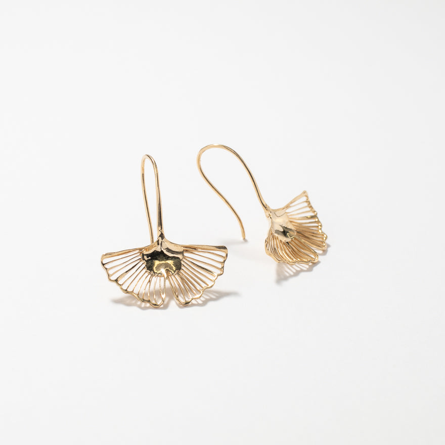 Gingko Tree Leaf Earrings in 10K Yellow Gold