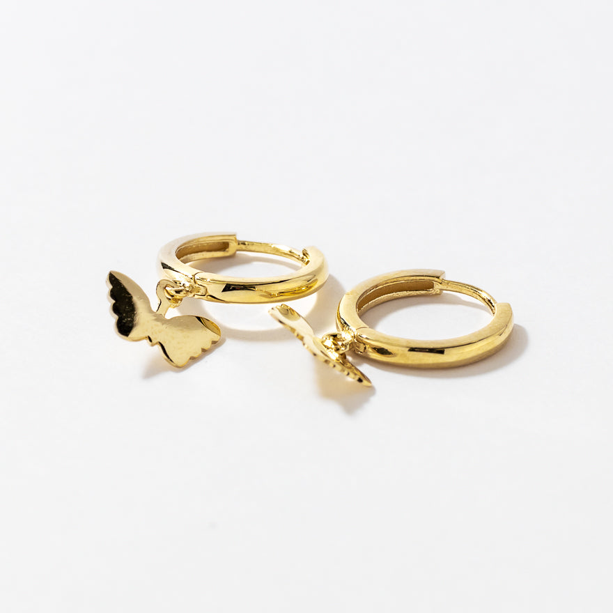 Butterfly Drop Hoop Earrings in 10K Yellow Gold