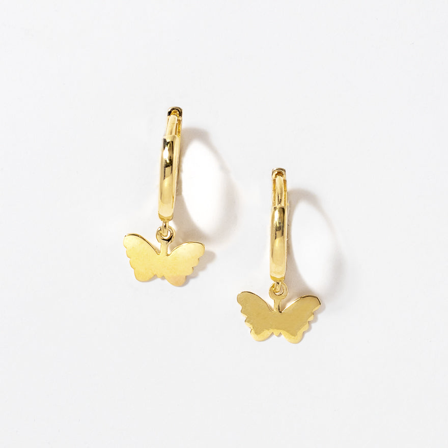 Butterfly Drop Hoop Earrings in 10K Yellow Gold