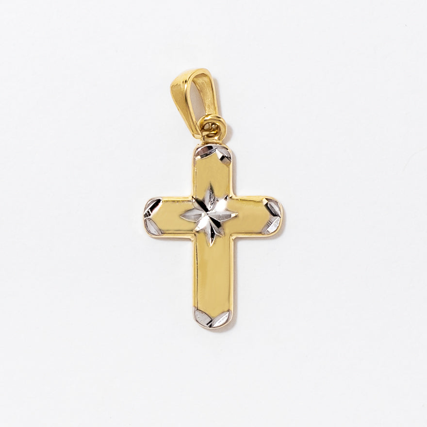 Mini Diamond Cut Cross Pendant in 10K Yellow and White Gold