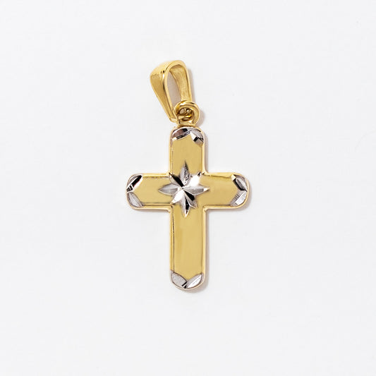 Mini Diamond Cut Cross Pendant in 10K Yellow and White Gold